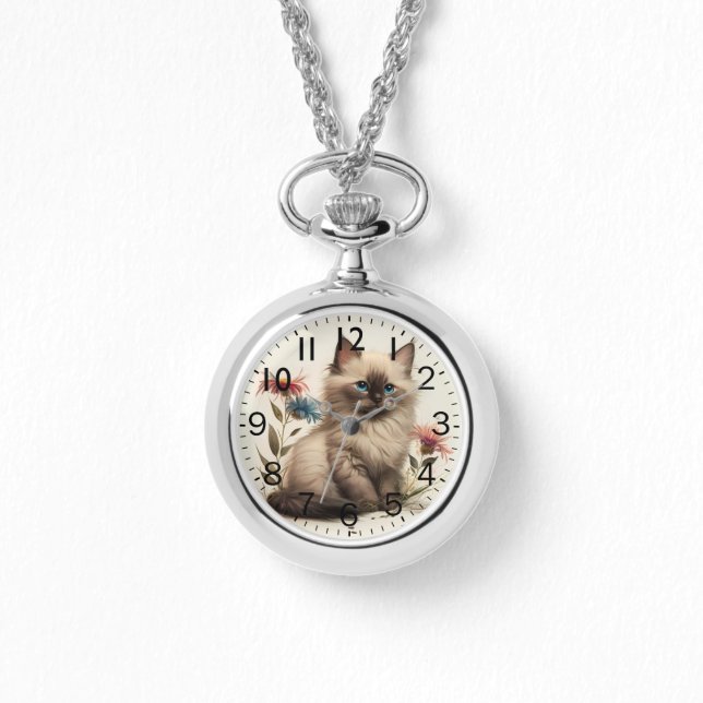 Adorable Watercolor Birman Kitten Print Watch (Front)
