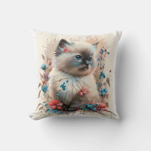 Adorable Watercolor Birman Kittens Print Throw Pillow