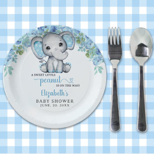 Adorable Watercolor Blue Elephant Baby shower Boy Paper Plates