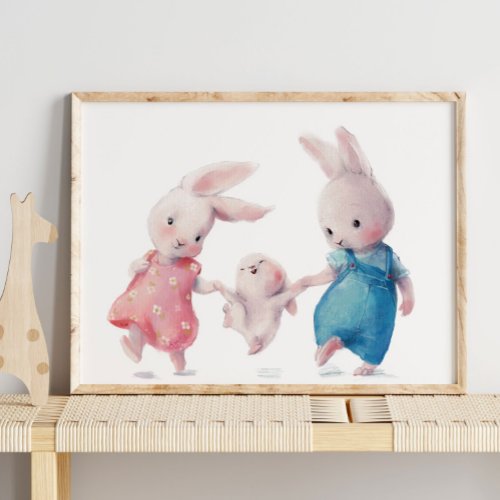 Adorable Watercolor Bunny Family  Wall Print