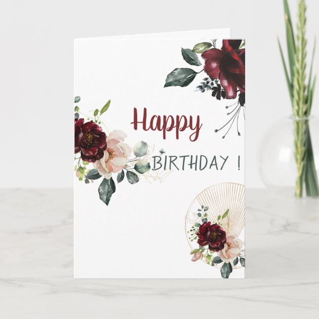 Adorable Watercolor Burgundy Flowers Birthday  Card (Front)
