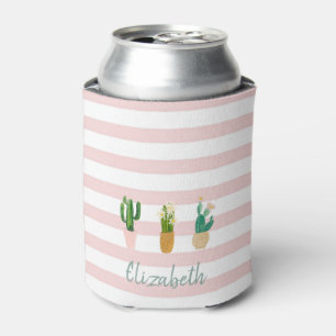 Adorable Watercolor Cactus,Pink Stripes Can Cooler