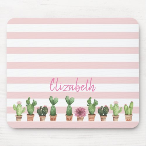 Adorable Watercolor CactusPink Stripes Mouse Pad