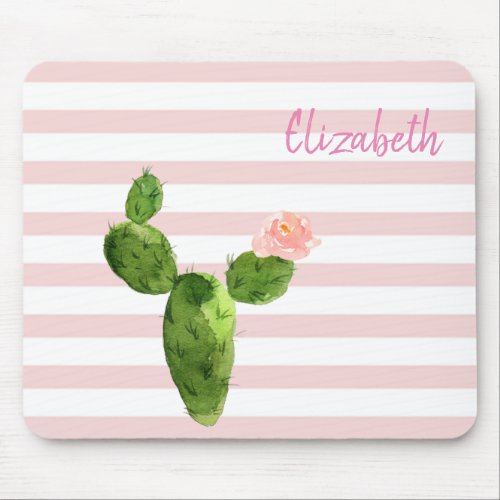 Adorable Watercolor Cactus Stripes _Personalized Mouse Pad