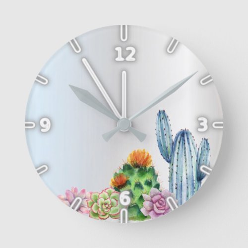 Adorable Watercolor CactusSucculent Silver  Round Clock