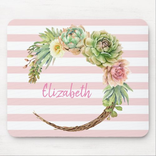 Adorable Watercolor CactusSucculent Stripes Mouse Pad