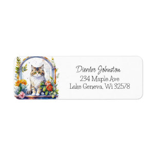 Adorable Watercolor Cat in Floral Window Label