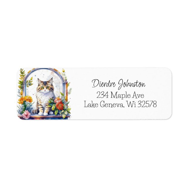 Adorable Watercolor Cat in Floral Window Label (Front)