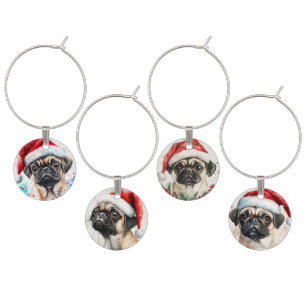 ADORABLE WATERCOLOR CHRISTMAS PUG DOGS WINE CHARM