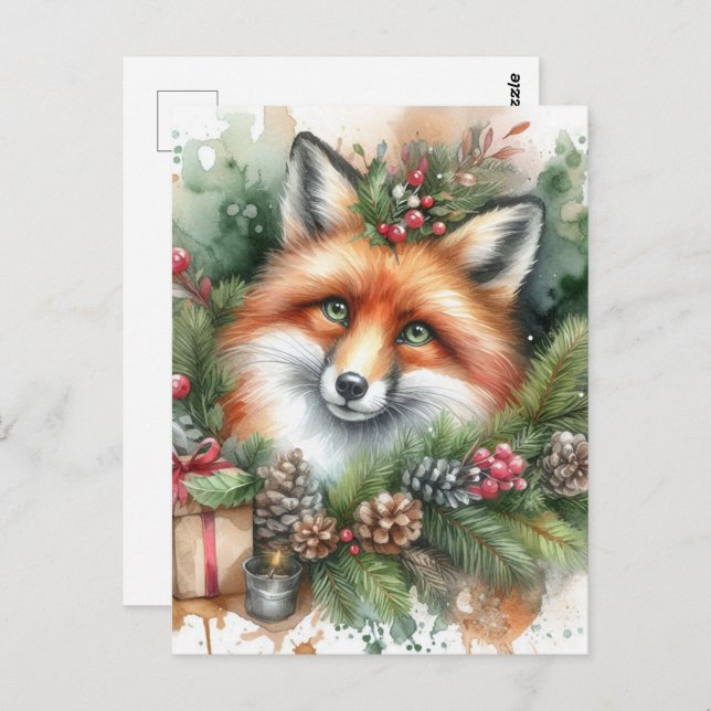 Adorable Watercolor Christmas Red Fox Postcard (Front/Back)