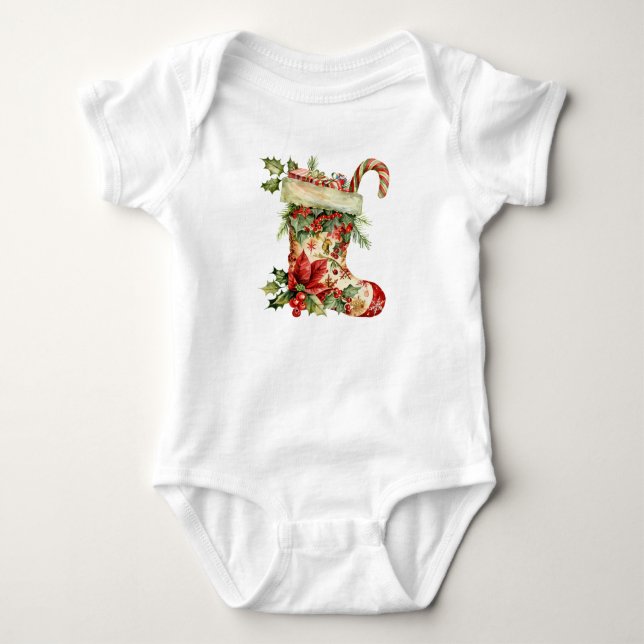 Adorable Watercolor Christmas Stocking Design Baby Bodysuit (Front)