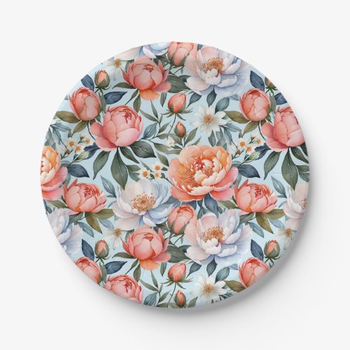 Adorable Watercolor Coral Peonies Floral Pattern Paper Plates