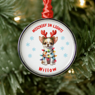Adorable Watercolor Cute Chihuahua Snowflakes Dog Metal Ornament