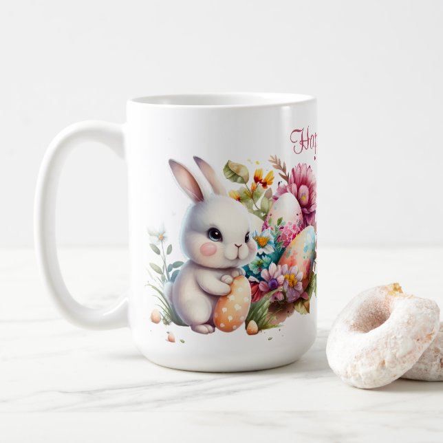 Adorable Watercolor Easter Bunny And Text Coffee Mug (With Donut)