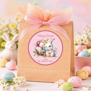 Adorable Watercolor Easter Bunny Pink Classic Round Sticker
