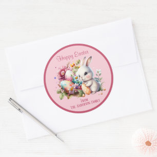 Adorable Watercolor Easter Bunny Pink Classic Round Sticker