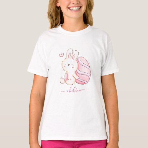 Adorable Watercolor Easter Bunny  Pink Egg Name T_Shirt