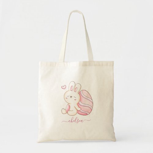 Adorable Watercolor Easter Bunny  Pink Egg Name Tote Bag
