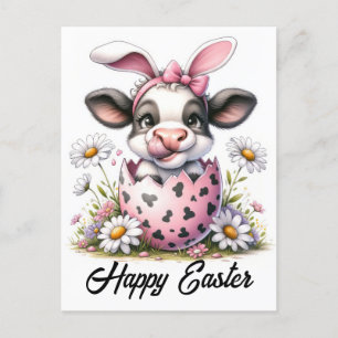 Adorable Watercolor Easter Cow in Egg Postcard
