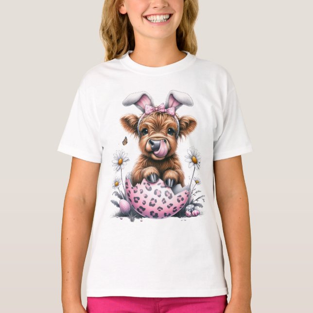 Adorable Watercolor Easter Cow in Egg with Flowers T-Shirt (Front)