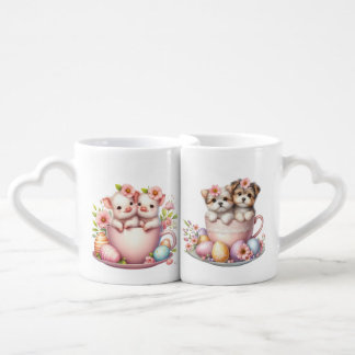 ADORABLE WATERCOLOR EASTER PUPPIES & PIGLETS COFFEE MUG SET