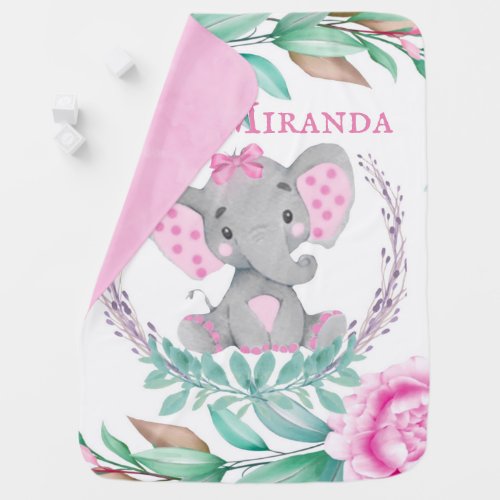 Adorable Watercolor Elephant Peony Personalized Baby Blanket