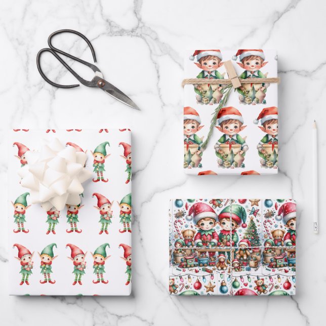 Adorable Watercolor Elves Christmas Wrapping Paper Sheets (Front)