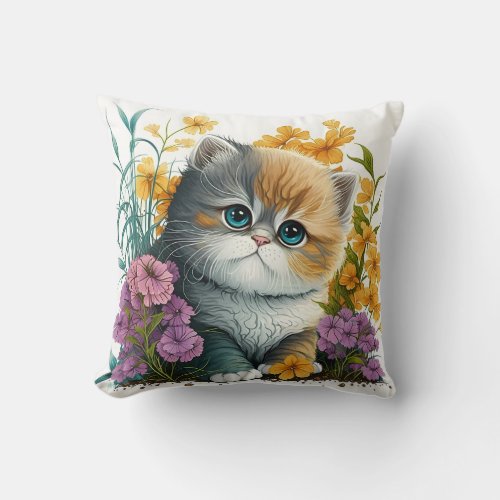 Adorable Watercolor Exotic Shorthair Kittens Print Throw Pillow