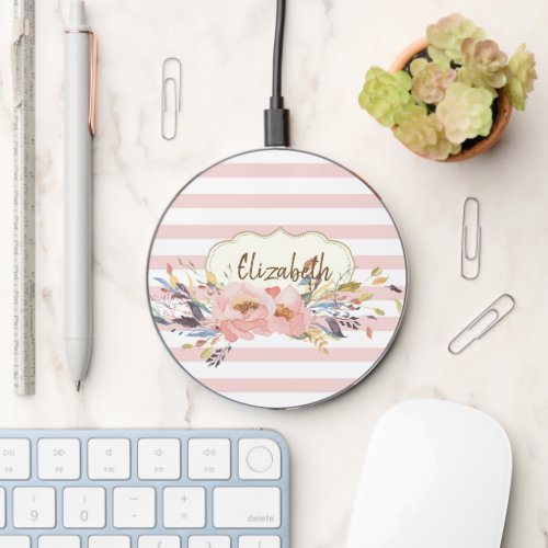 Adorable Watercolor FlowersStripes Wireless Charger