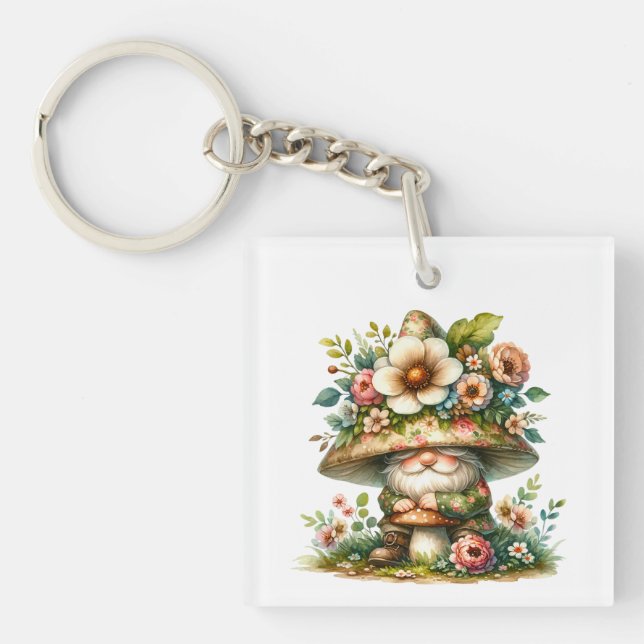Adorable Watercolor Garden Gnome  Keychain (Front)
