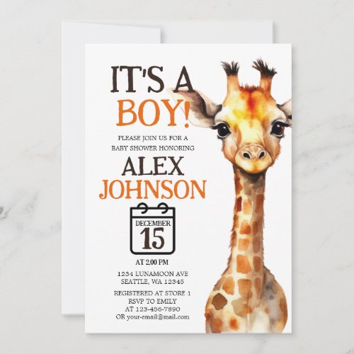 Adorable Watercolor Giraffe Safari Baby Shower Invitation