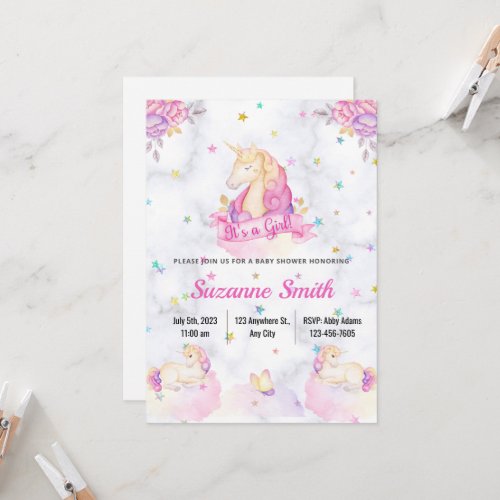 Adorable Watercolor Girl Unicorn Baby Shower  Invitation