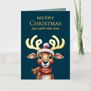 Adorable Watercolor Green Christmas Reindeer Gold Foil Holiday Card