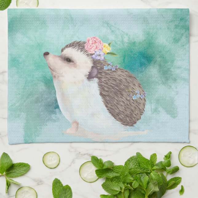 Adorable Watercolor Hedgehog Kitchen Towel (Folded)