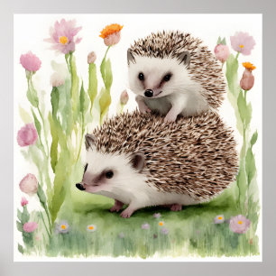 Adorable Watercolor Hedgehogs With Flower Poster