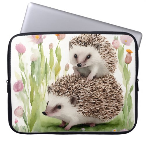 Adorable Watercolor Hedgehogs With Flowers Laptop Sleeve