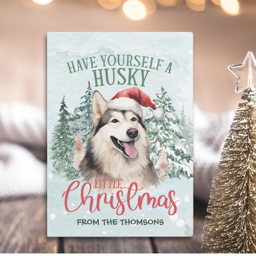 Adorable Watercolor Husky Christmas Holiday Card