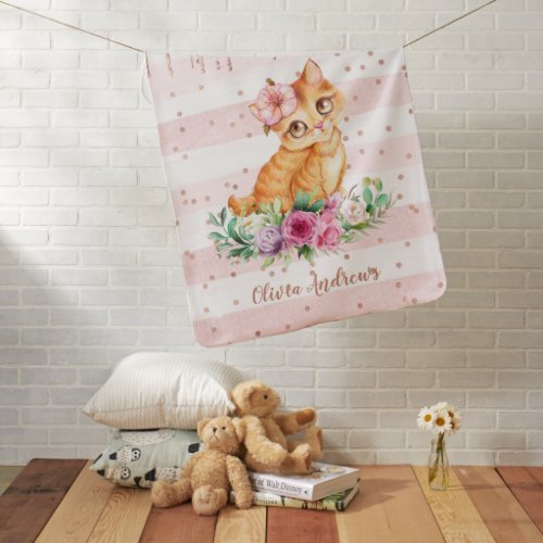 Adorable Watercolor Kitten Pink Girly Baby Blanket