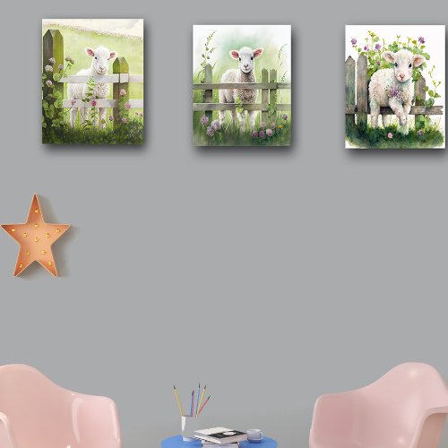 Adorable Watercolor Lamb Pasture Fence Flowers Wall Decal