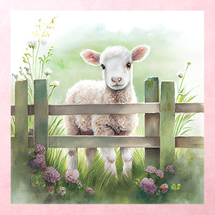 Adorable Watercolor Lamb Pasture Fence Flowers Wall Decal