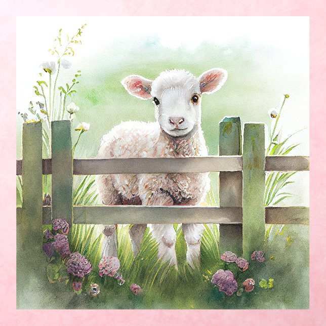 Adorable Watercolor Lamb Pasture Fence Flowers Wall Decal (Insitu 3)