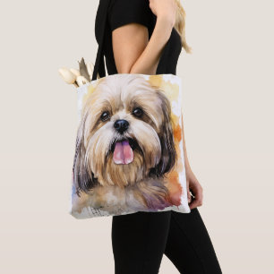 ADORABLE WATERCOLOR LHASA APSO DOG TOTE BAG