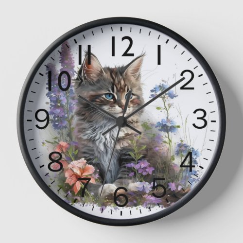 Adorable Watercolor Maine Coon Kitten Print Clock