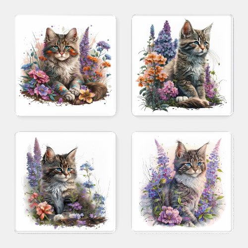Adorable Watercolor Maine Coon Kitten Print Coaster Set