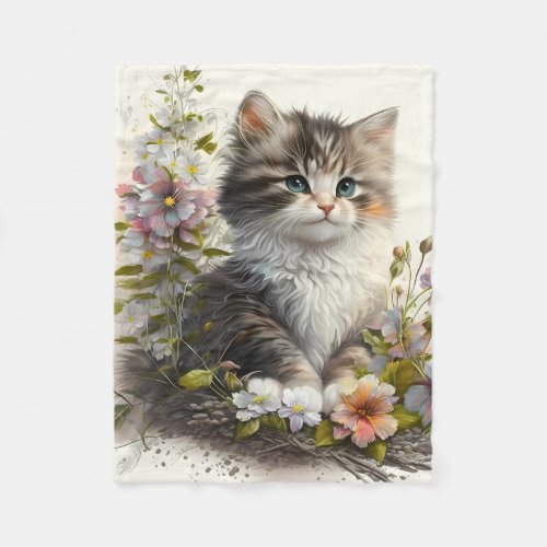 Adorable Watercolor Maine Coon Kitten Print Fleece Blanket