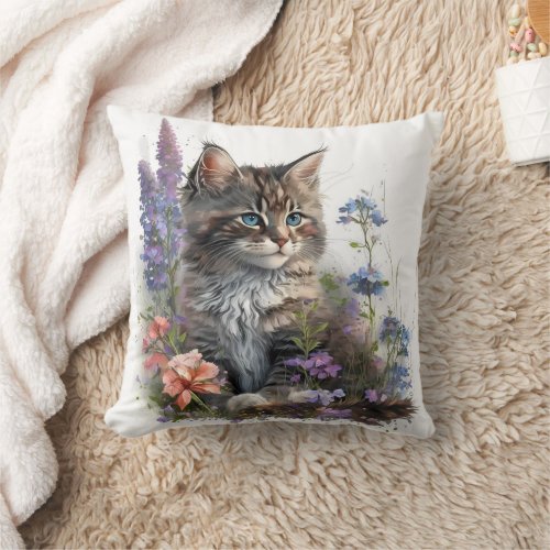 Adorable Watercolor Maine Coon Kittens Print Throw Pillow
