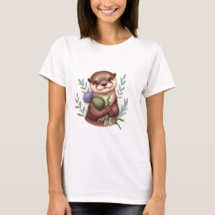 Adorable Watercolor Otter and Thistle T-Shirt