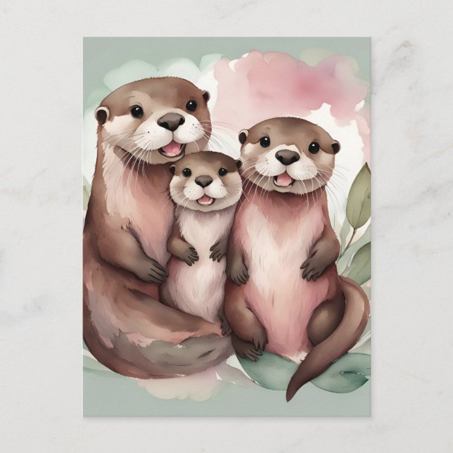 Adorable Watercolor Otter Family Postcard (Front)