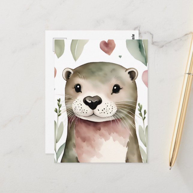 Adorable Watercolor Otter Postcard (Front/Back In Situ)