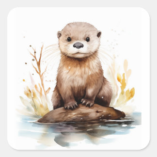 Adorable Watercolor Otter Square Sticker